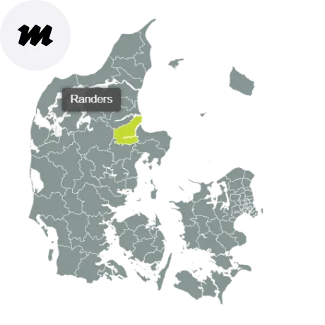 Kort over Randers Kommune med områder dækket af Maler Jessen – professionelt malerfirma
