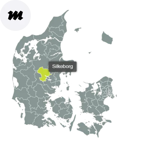 Kort over Silkeborg Kommune med områder dækket af Maler Jessen – professionelt malerfirma