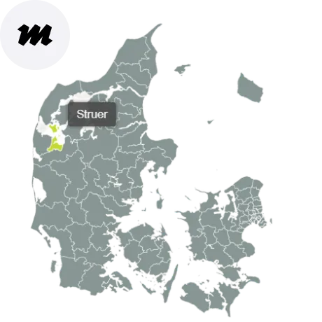 Kort over Struer Kommune med områder dækket af Maler Jessen – professionelt malerfirma