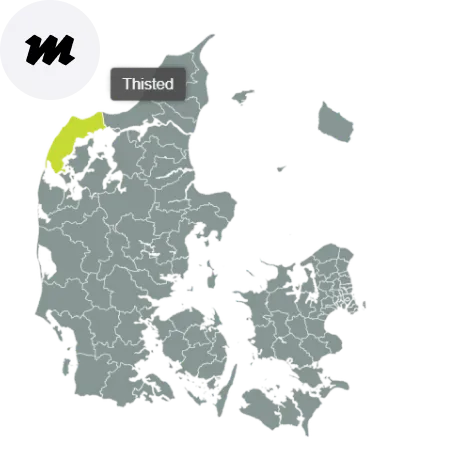 Kort over Thisted Kommune med områder dækket af Maler Jessen – professionelt malerfirma