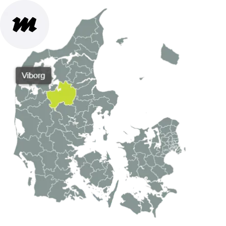 Kort over Viborg Kommune med områder dækket af Maler Jessen – professionelt malerfirma tæt på Viborg